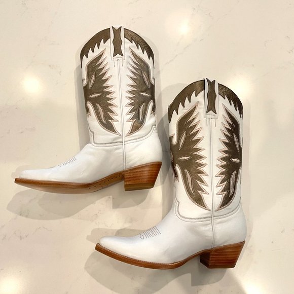 Frye : Leather Cowboy Boots Mid Calf Height : White & Taupe : Leather: 7.5 - Picture 3 of 7